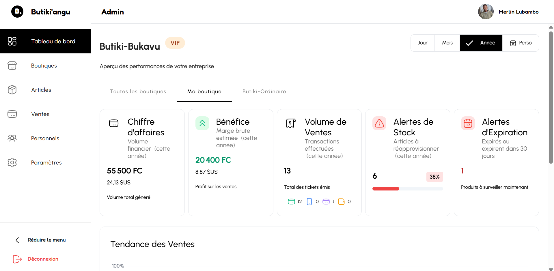 Interface d'administration Butiki'angu sur ordinateur de bureau