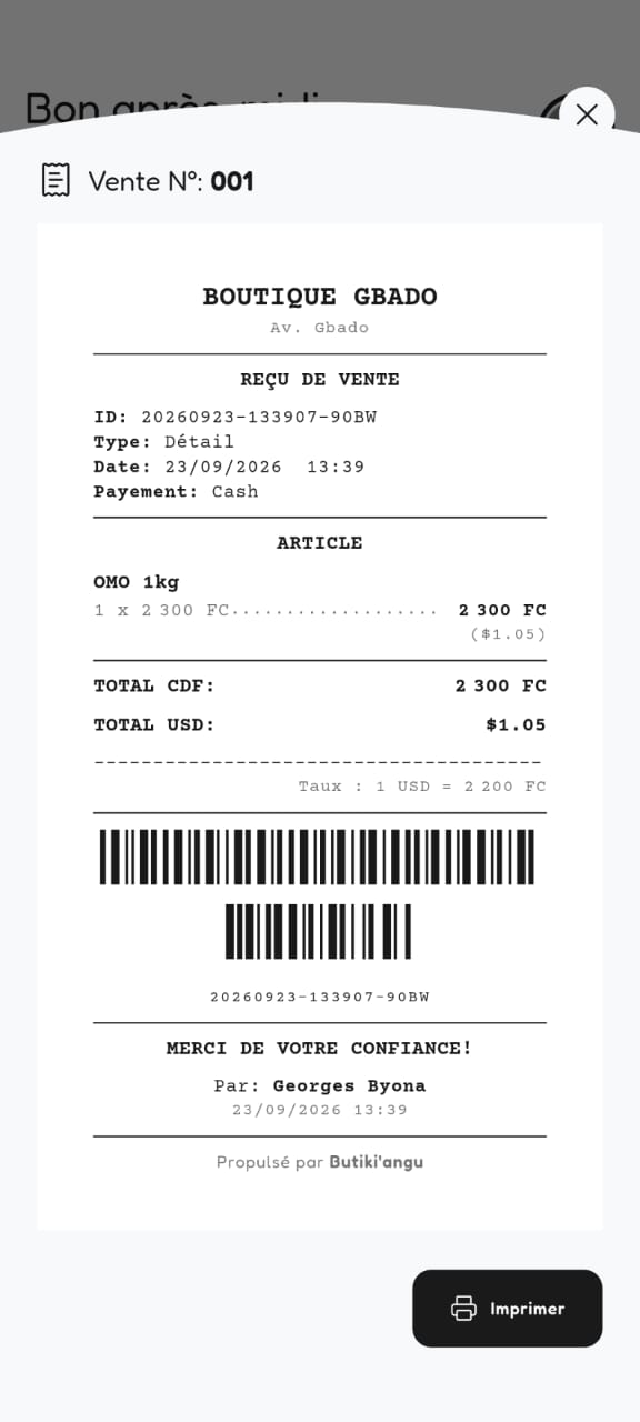 Application Butiki'angu POS - Reçu de vente imprimé